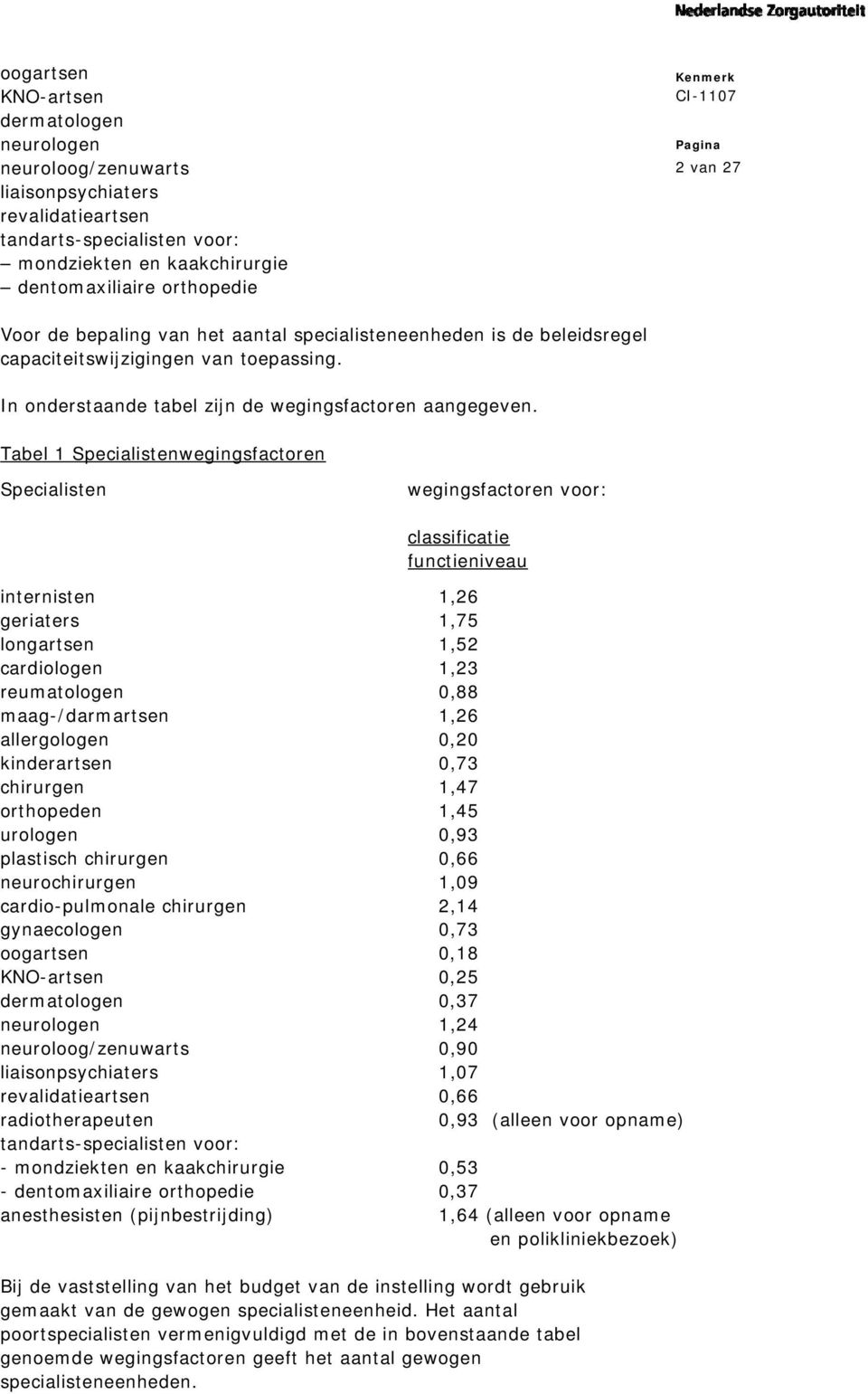 Tabel 1 Specialistenwegingsfactoren Specialisten wegingsfactoren voor: classificatie functieniveau internisten 1,26 geriaters 1,75 longartsen 1,52 cardiologen 1,23 reumatologen 0,88 maag-/darmartsen