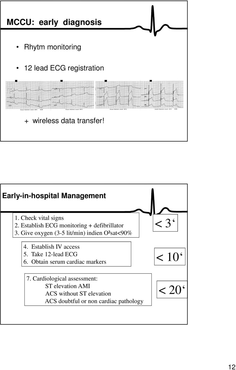 Give oxygen (3-5 lit/min) indien O²sat<90% 4. Establish IV access 5. Take 12-lead ECG 6.