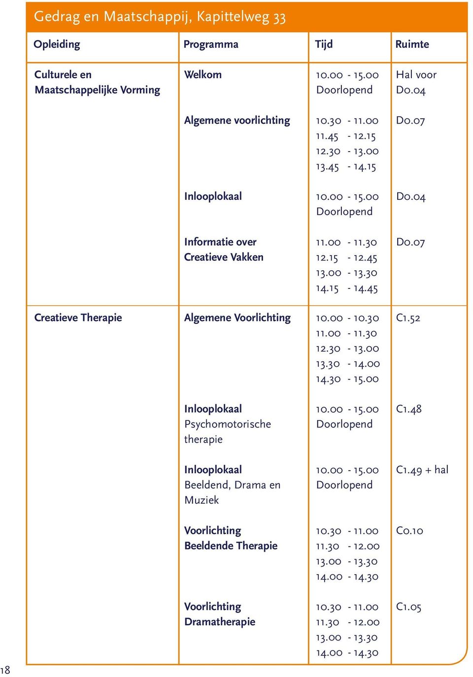 45 Creatieve Therapie Algemene Voorlichting 10.00-10.30 C1.52 11.00-11.30 12.30-13.00 13.30-14.00 14.30-15.00 Inlooplokaal 10.00-15.00 C1.