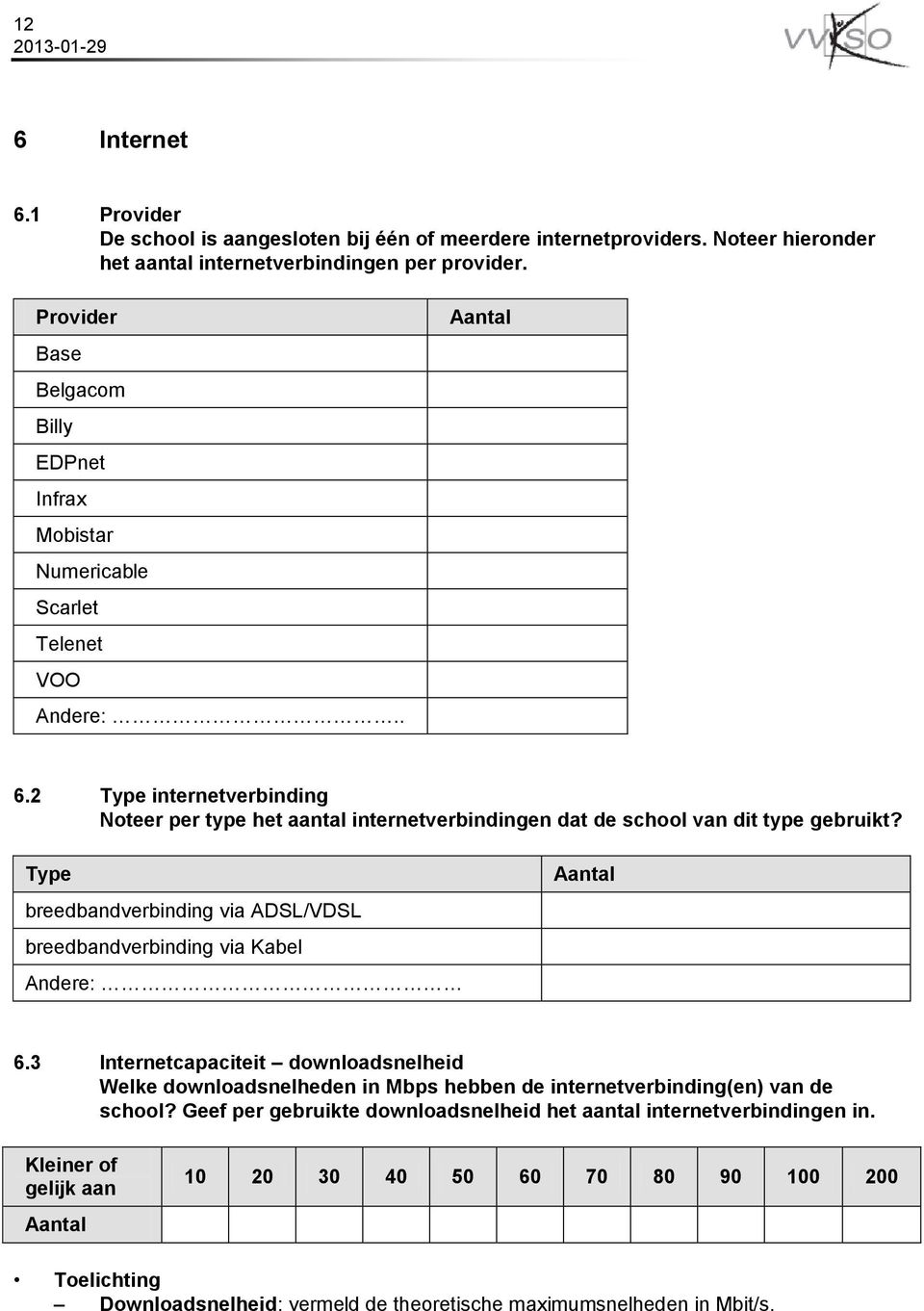 2 Type internetverbinding Noteer per type het aantal internetverbindingen dat de school van dit type gebruikt?