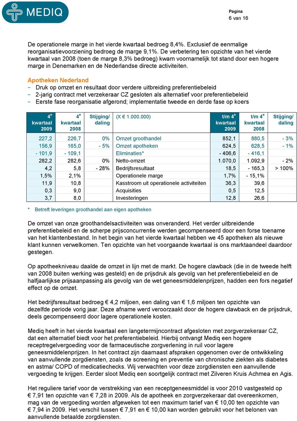 Apotheken Nederland Druk op omzet en resultaat door verdere uitbreiding preferentiebeleid 2-jarig contract met verzekeraar CZ gesloten als alternatief voor preferentiebeleid Eerste fase reorganisatie