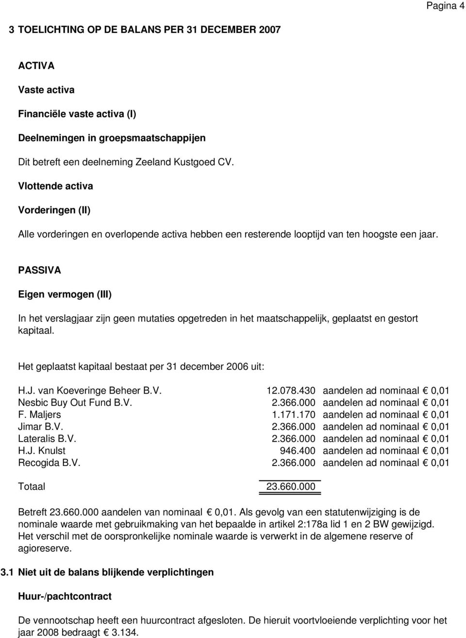 PASSIVA Eigen vermogen (III) In het verslagjaar zijn geen mutaties opgetreden in het maatschappelijk, geplaatst en gestort kapitaal. Het geplaatst kapitaal bestaat per 31 december 2006 uit: H.J.