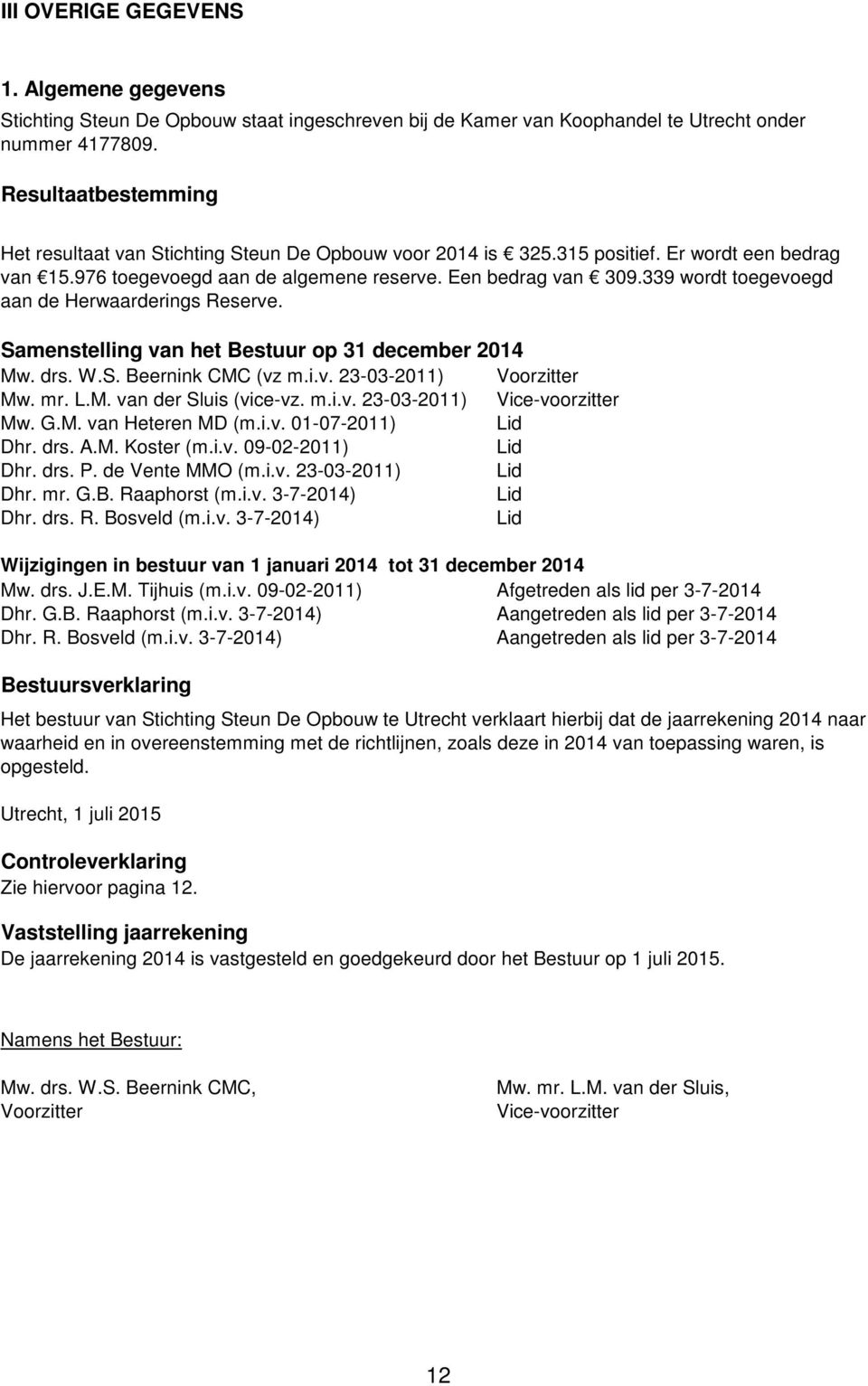 339 wordt toegevoegd aan de Herwaarderings Reserve. Samenstelling van het Bestuur op 31 december 2014 Mw. drs. W.S. Beernink CMC (vz m.i.v. 23-03-2011) Voorzitter Mw. mr. L.M. van der Sluis (vice-vz.