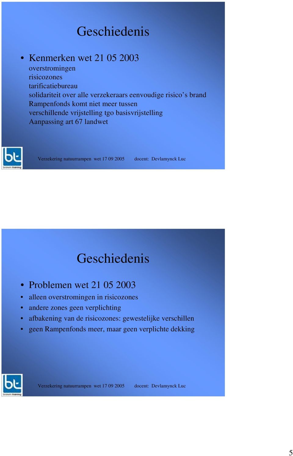 basisvrijstelling Aanpassing art 67 landwet Geschiedenis Problemen wet 21 05 2003 alleen overstromingen in