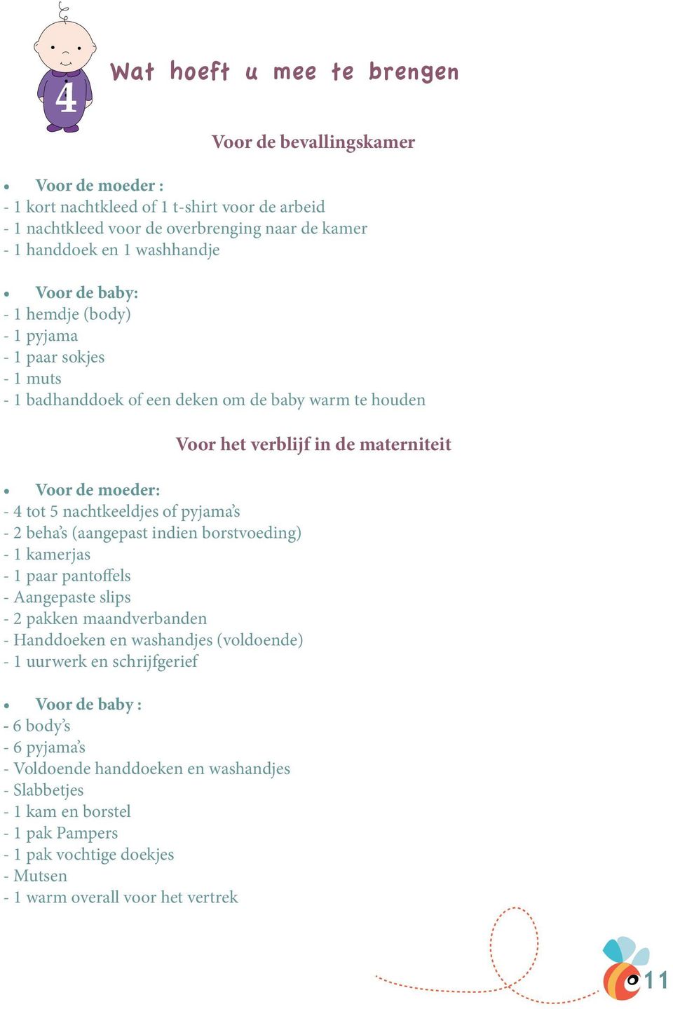 indien borstvoeding) - 1 kamerjas - 1 paar pantoffels - Aangepaste slips - 2 pakken maandverbanden - Handdoeken en washandjes (voldoende) - 1 uurwerk en schrijfgerief Voor de baby : - 6 body s - 6