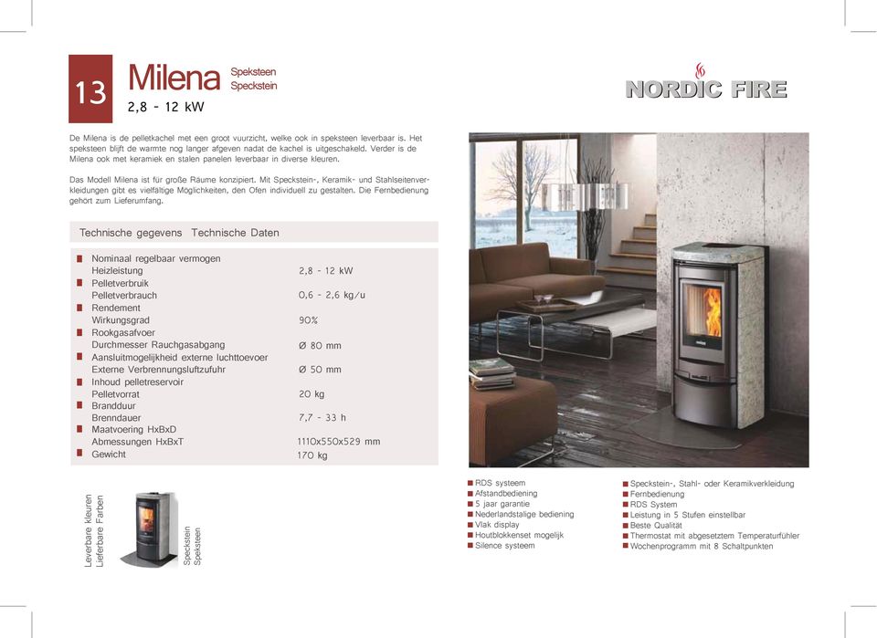 Das Modell Milena ist für große Räume konzipiert. Mit Speckstein-, Keramik- und Stahlseitenverkleidungen gibt es vielfältige Möglichkeiten, den Ofen individuell zu gestalten.
