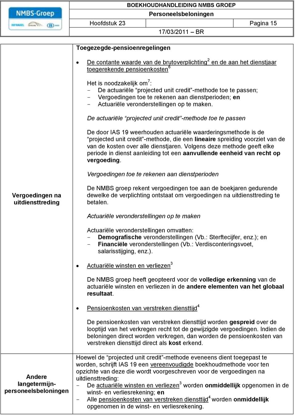 De actuariële projected unit credit -methode toe te passen De door IAS 19 weerhouden actuariële waarderingsmethode is de projected unit credit -methode, die een lineaire spreiding voorziet van de van