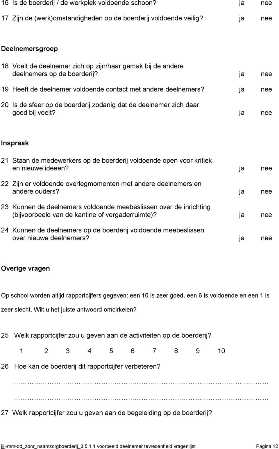 ja nee 20 Is de sfeer op de boerderij zodanig dat de deelnemer zich daar goed bij voelt? ja nee Inspraak 21 Staan de medewerkers op de boerderij voldoende open voor kritiek en nieuwe ideeën?