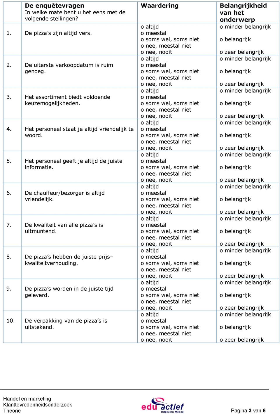 Het personeel geeft je altijd de juiste informatie. 6. De chauffeur/bezorger is altijd vriendelijk. 7. De kwaliteit van alle pizza s is uitmuntend. 8.