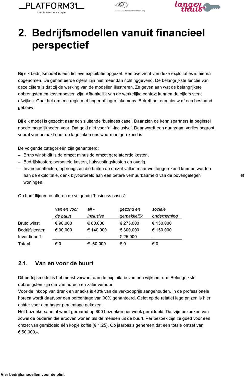 Ze geven aan wat de belangrijkste opbrengsten en kostenposten zijn. Afhankelijk van de werkelijke context kunnen de cijfers sterk afwijken. Gaat het om een regio met hoger of lager inkomens.