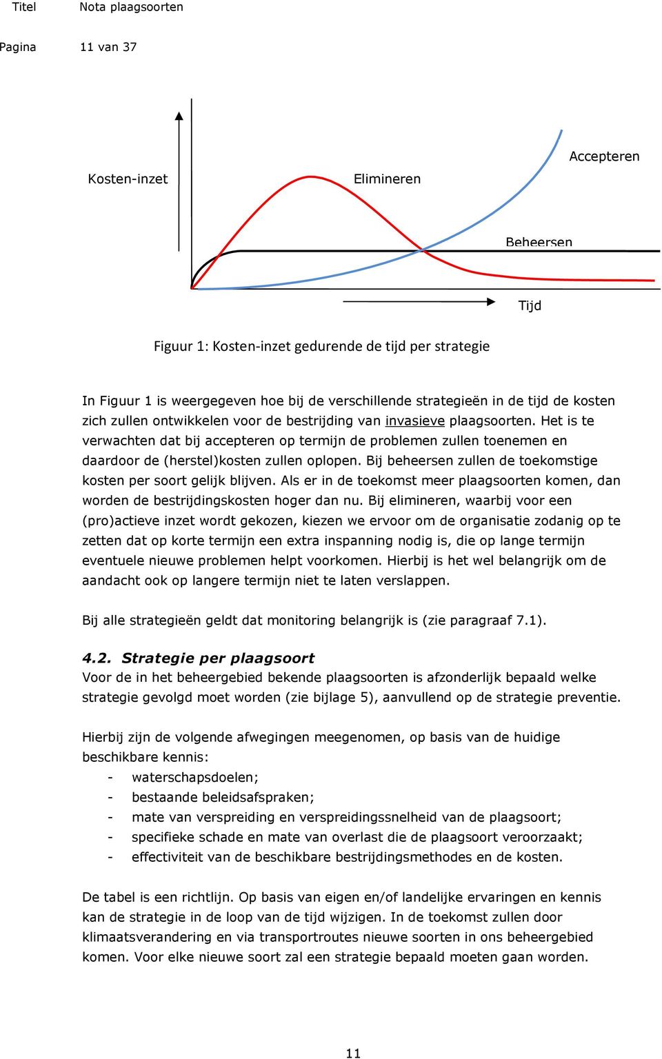 Het is te verwachten dat bij accepteren op termijn de problemen zullen toenemen en daardoor de (herstel)kosten zullen oplopen. Bij beheersen zullen de toekomstige kosten per soort gelijk blijven.