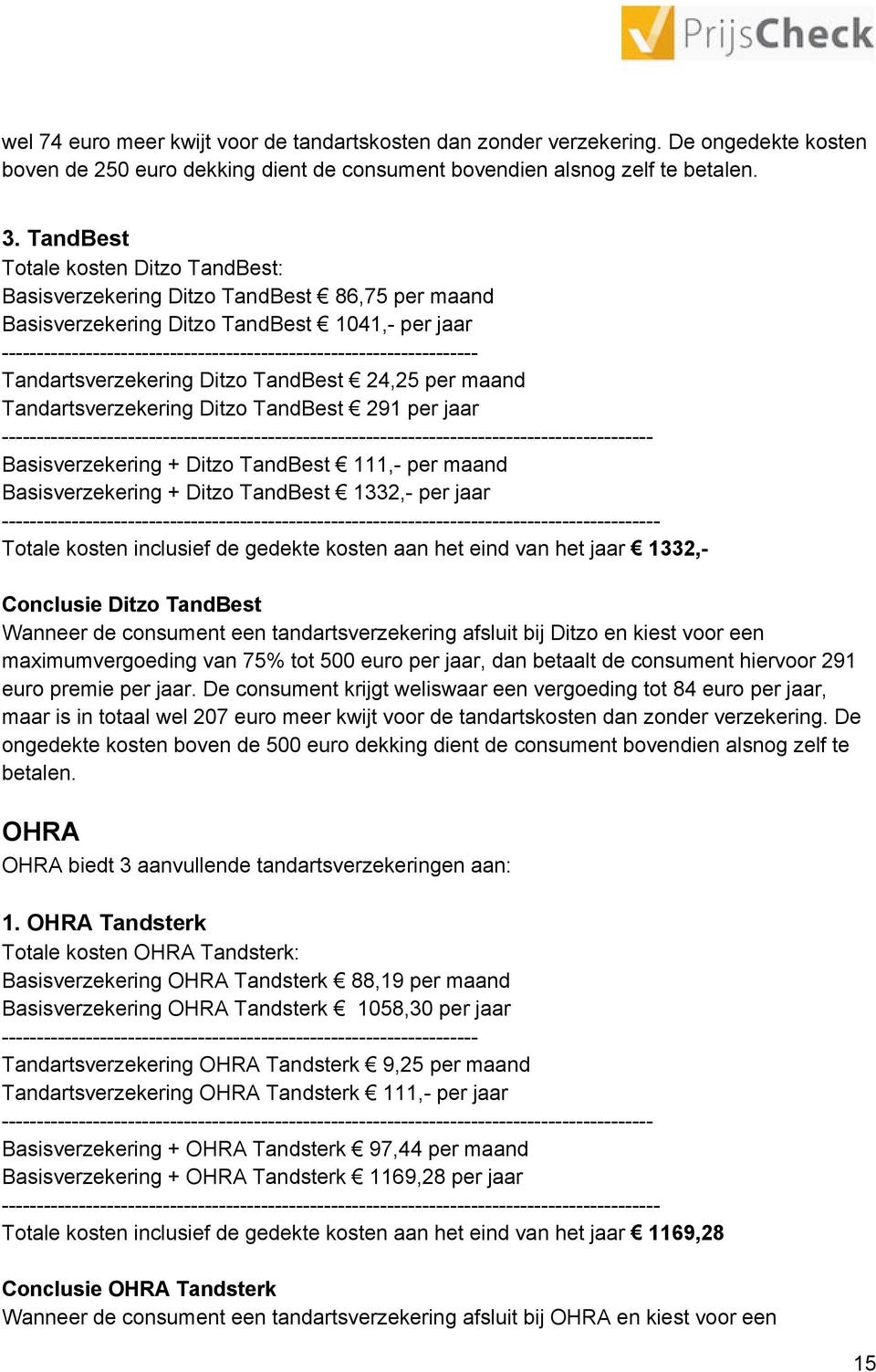 Tandartsverzekering Ditzo TandBest 291 per jaar Basisverzekering + Ditzo TandBest 111, per maand Basisverzekering + Ditzo TandBest 1332, per jaar Totale kosten inclusief de gedekte kosten aan het