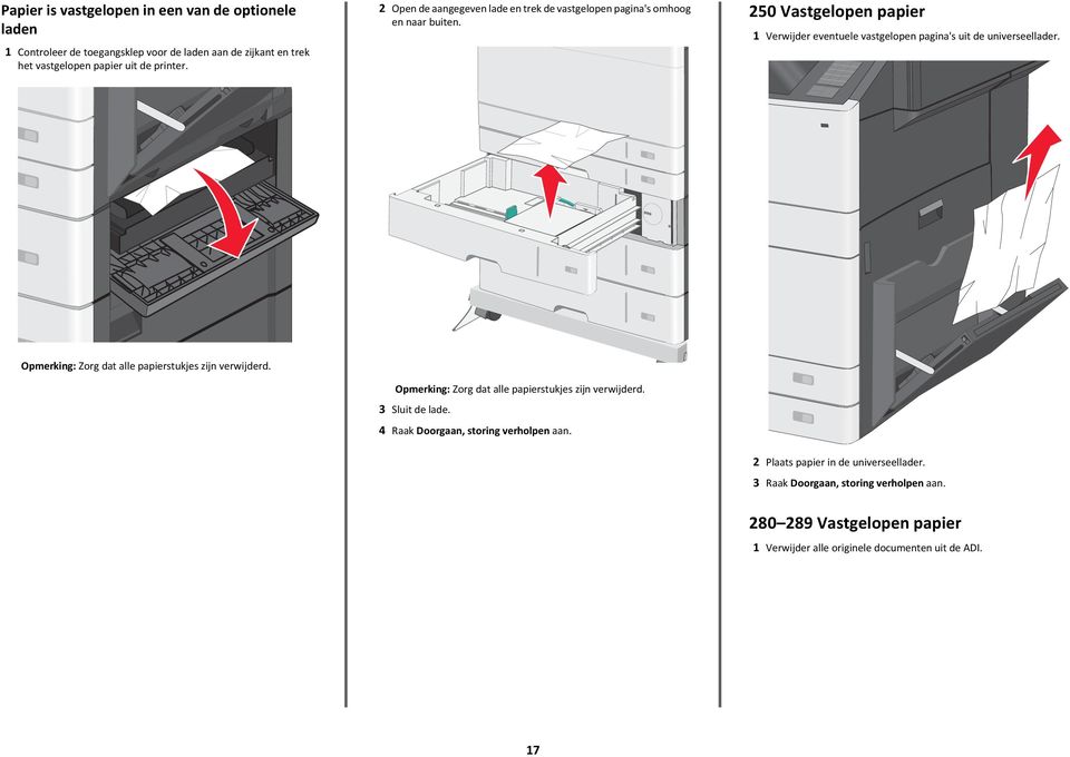 250 Vastgelopen papier 1 Verwijder eventuele vastgelopen pagina's uit de universeellader. Opmerking: Zorg dat alle papierstukjes zijn verwijderd.