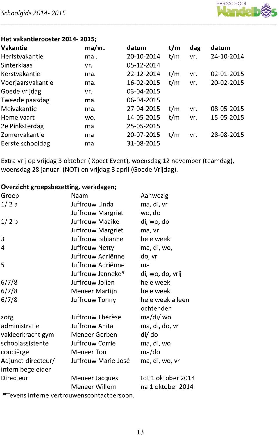 14-05-2015 t/m vr. 15-05-2015 2e Pinksterdag ma 25-05-2015 Zomervakantie ma 20-07-2015 t/m vr.