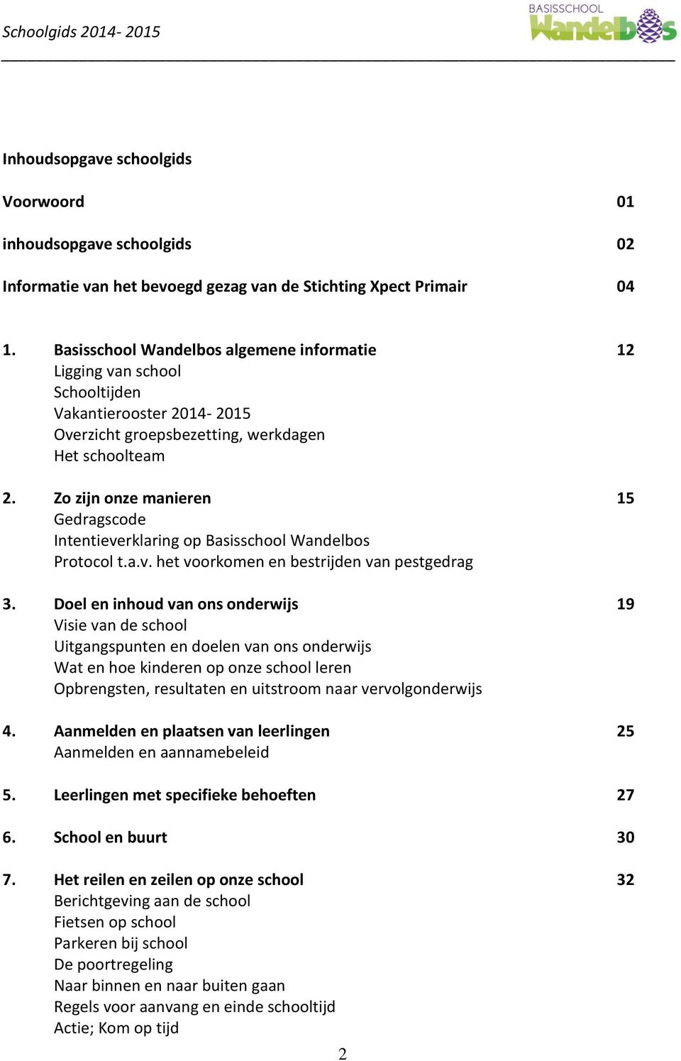 Zo zijn onze manieren 15 Gedragscode Intentieverklaring op Basisschool Wandelbos Protocol t.a.v. het voorkomen en bestrijden van pestgedrag 3.