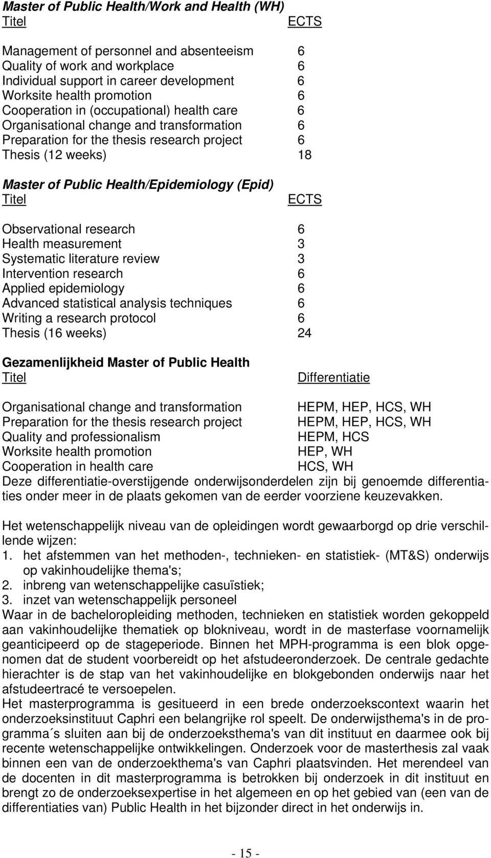 Titel ECTS Observational research 6 Health measurement 3 Systematic literature review 3 Intervention research 6 Applied epidemiology 6 Advanced statistical analysis techniques 6 Writing a research