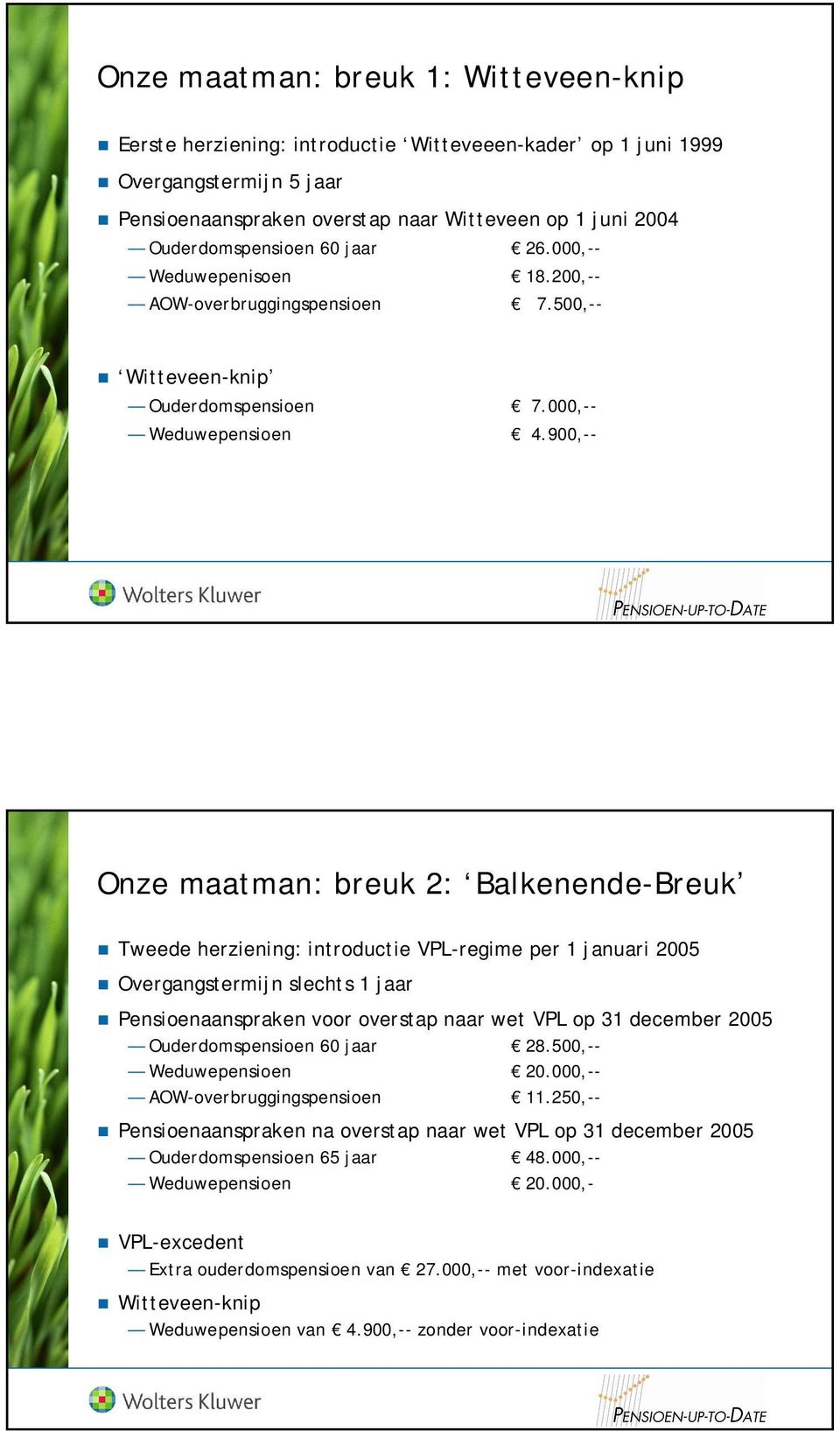 900,-- Onze maatman: breuk 2: Balkenende-Breuk Tweede herziening: introductie VPL-regime per 1 januari 2005 Overgangstermijn slechts 1 jaar Pensioenaanspraken voor overstap naar wet VPL op 31