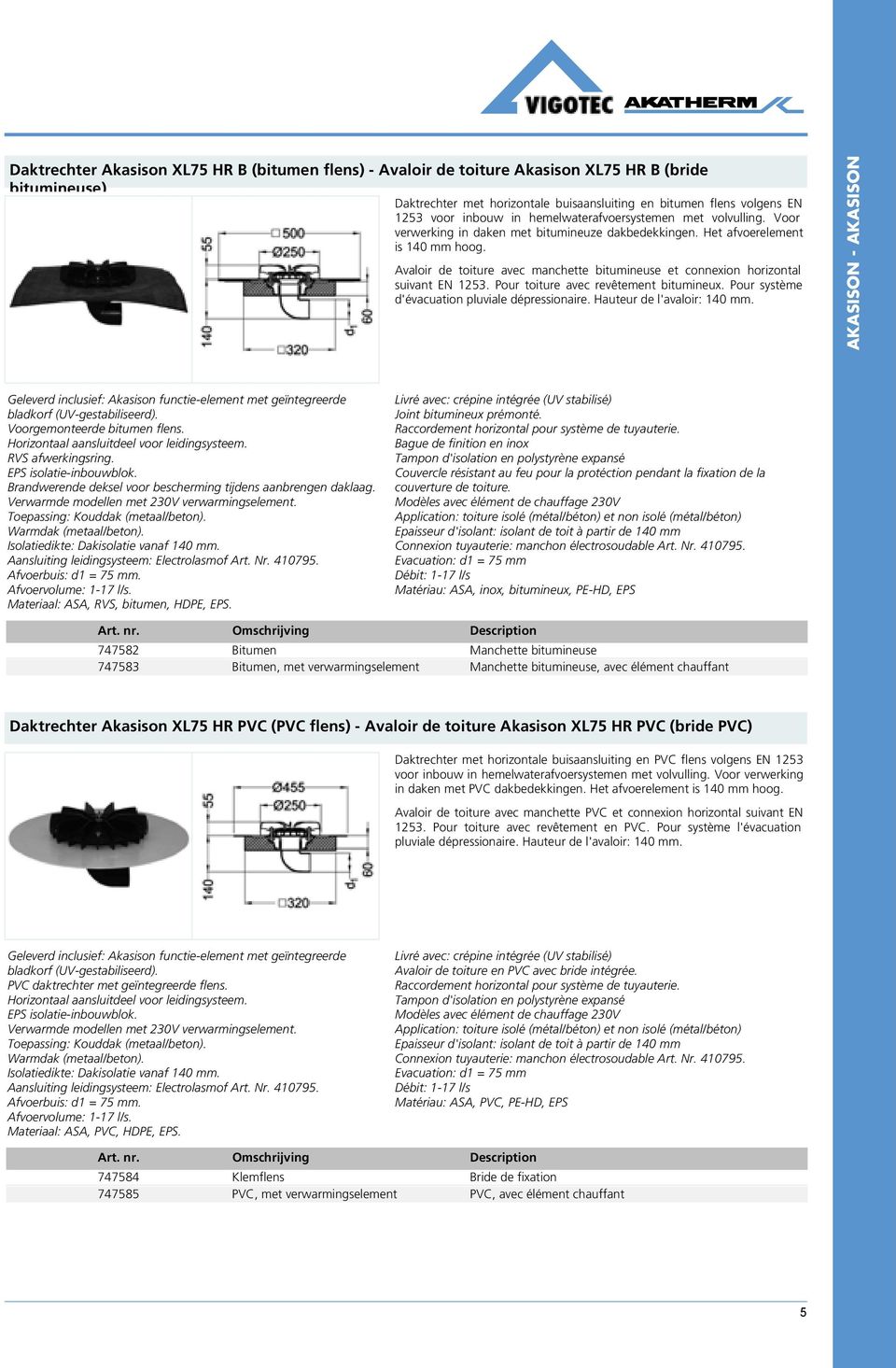 Avaloir de toiture avec manchette bitumineuse et connexion horizontal suivant EN 1253. Pour toiture avec revêtement bitumineux. Pour système d'évacuation pluviale dépressionaire.