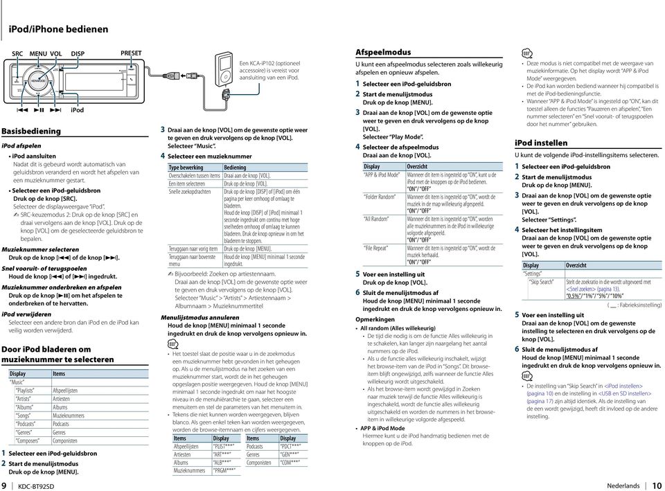 SRC-keuzemodus 2: Druk op de knop [SRC] en draai vervolgens aan de knop Druk op de knop [VOL] om de geselecteerde geluidsbron te bepalen. Muzieknummer selecteren Druk op de knop [4] of de knop [ ].