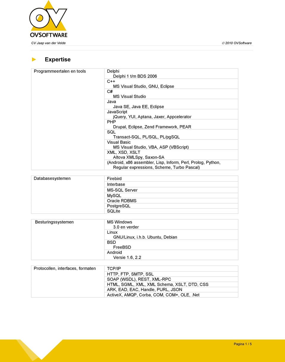 (VBScript) XML, XSD, XSLT Altova XMLSpy, Saxon-SA (Android, x86 assembler, Lisp, Inform, Perl, Prolog, Python, Regular expressions, Scheme, Turbo Pascal) Firebird Interbase MS-SQL Server MySQL Oracle