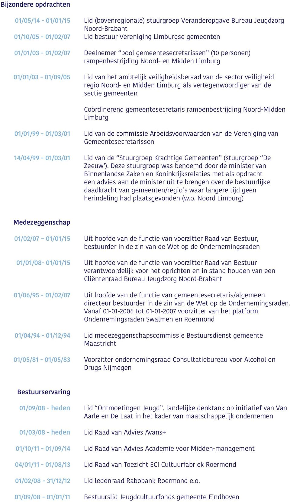 Midden Limburg als vertegenwoordiger van de sectie gemeenten Coördinerend gemeentesecretaris rampenbestrijding Noord-Midden Limburg 01/01/99-01/03/01 14/04/99-01/03/01 Lid van de commissie