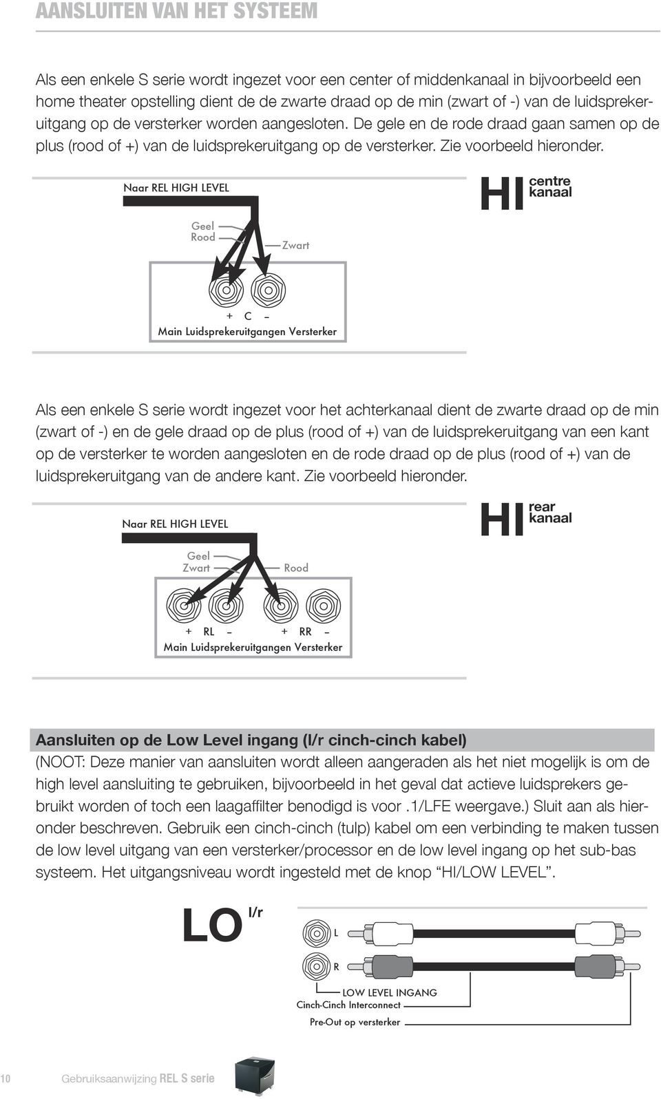 Naar REL HIGH LEVEL Geel Rood Zwart HI centre kanaal + C Main Luidsprekeruitgangen Versterker Als een enkele S serie wordt ingezet voor het achterkanaal dient de zwarte draad op de min (zwart of -)