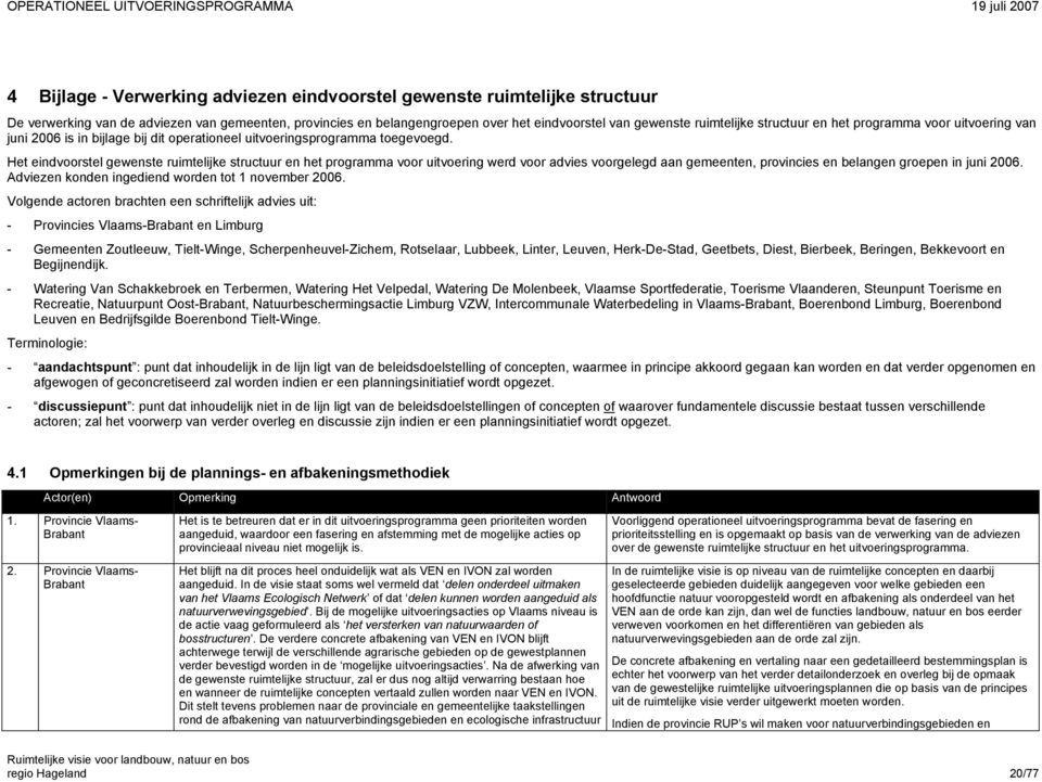 Het eindvoorstel gewenste ruimtelijke structuur en het programma voor uitvoering werd voor advies voorgelegd aan gemeenten, provincies en belangen groepen in juni 2006.