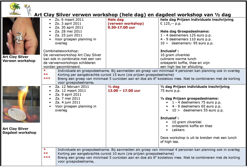 p. 10 > deelnemers: 95 euro p.p. Art Clay Silver Verwen workshop Art Clay Silver Dagdeel workshop Combinatieworkshop: De verwenworkshop Art Clay Silver kan ook in combinatie met een van de