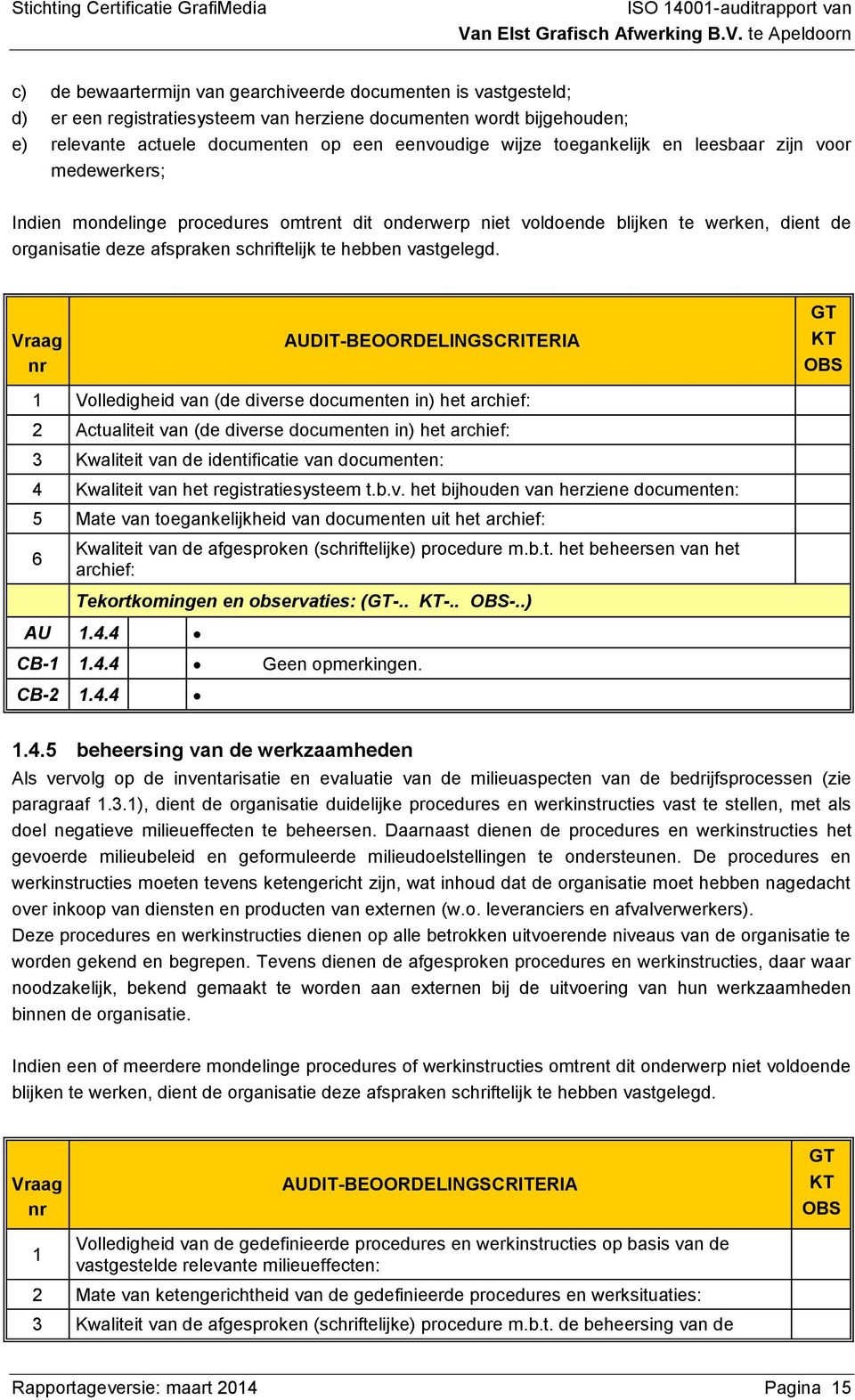 te Apeldoorn c) de bewaartermijn van gearchiveerde documenten is vastgesteld; d) er een registratiesysteem van herziene documenten wordt bijgehouden; e) relevante actuele documenten op een eenvoudige