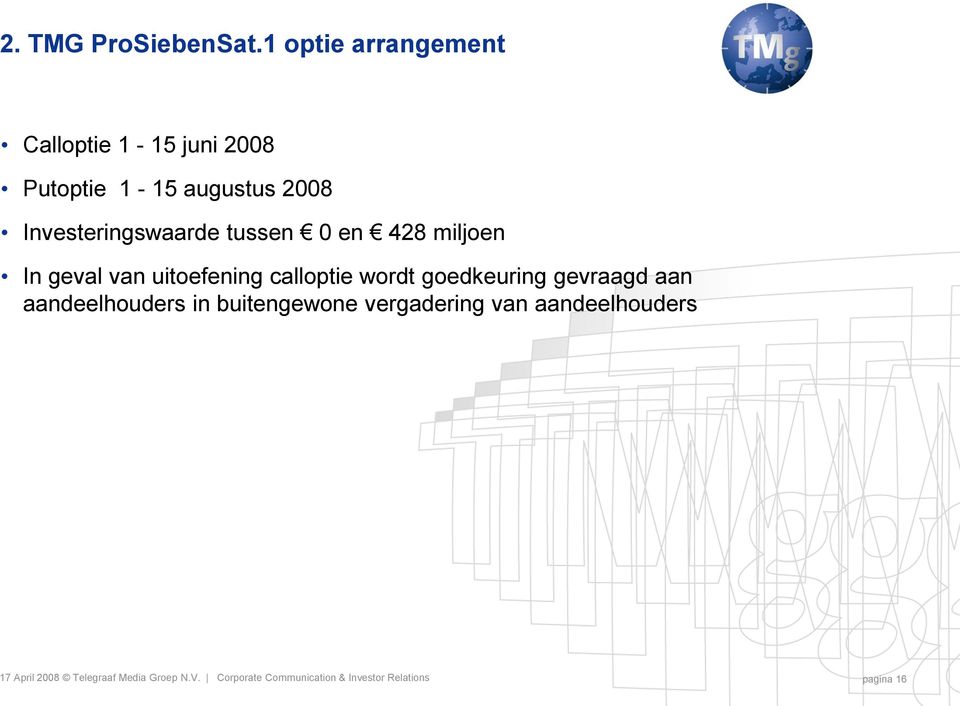 Investeringswaarde tussen 0 en 428 miljoen In geval van uitoefening calloptie wordt