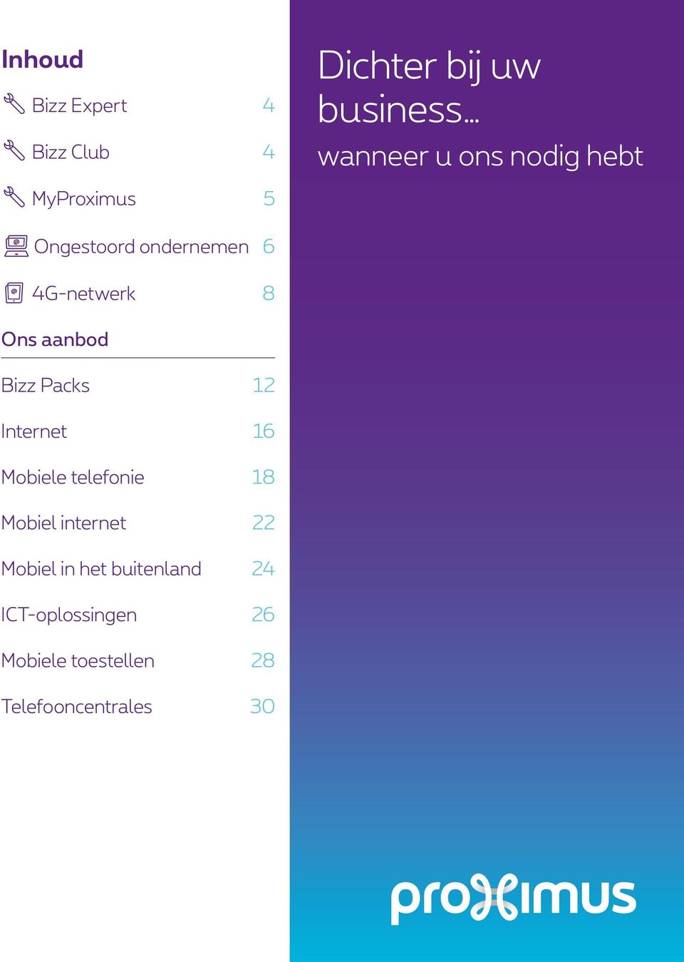 Bizz Packs 12 Internet 16 Mobiele telefonie 18 Mobiel internet 22 Mobiel