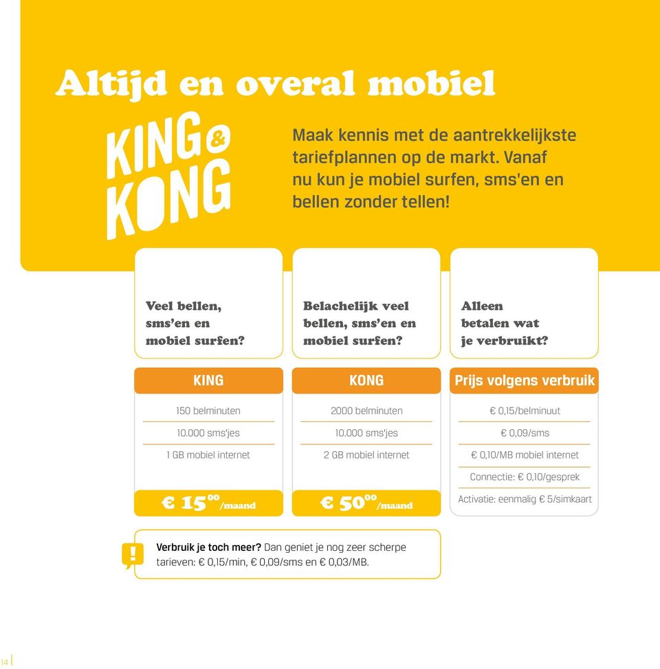 KING KONG Prijs volgens verbruik 150 belminuten 2000 belminuten 0,15/belminuut 10.000 sms jes 10.