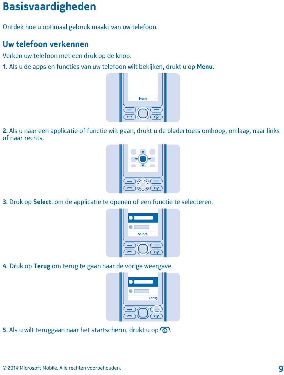 Als u naar een applicatie of functie wilt gaan, drukt u de bladertoets omhoog, omlaag, naar links of naar rechts. 3. Druk op Select.