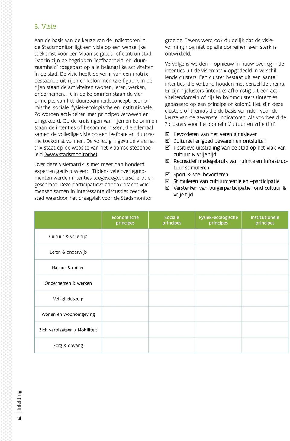 In de rijen staan de activiteiten (wonen, leren, werken, ondernemen, ), in de kolommen staan de vier principes van het duurzaamheidsconcept: economische, sociale, fysiek-ecologische en institutionele.