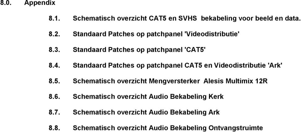 Standaard Patches op patchpanel CAT5 en Videodistributie 'Ark' 8.5. Schematisch overzicht Mengversterker Alesis Multimix 12R 8.