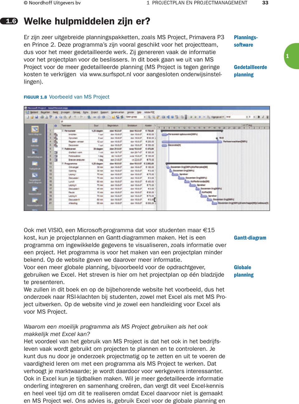 In dit boek gaan we uit van MS Project voor de meer gedetailleerde planning (MS Project is tegen geringe kosten te verkrijgen via www.surfspot.nl voor aangesloten onderwijsinstellingen).