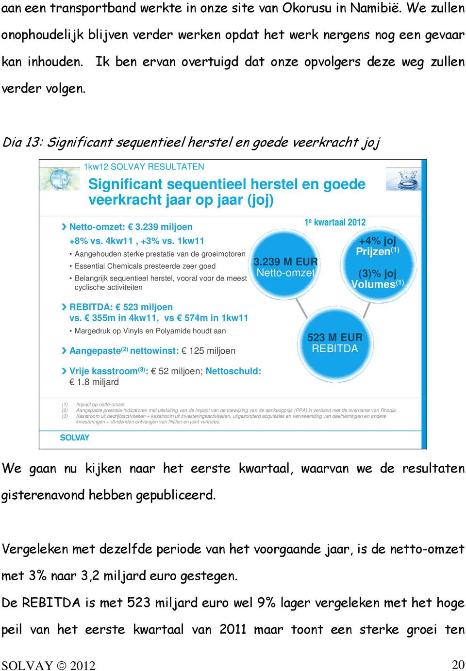 Dia 13: Significant sequentieel herstel en goede veerkracht joj 1kw12 SOLVAY RESULTATEN Significant sequentieel herstel en goede veerkracht jaar op jaar (joj) Netto-omzet: 3.239 miljoen +8% vs.