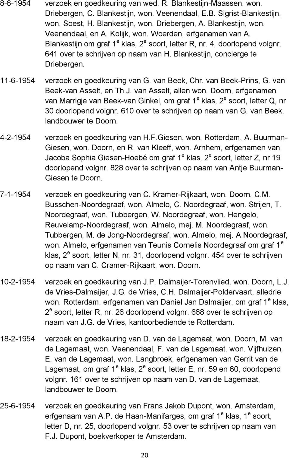 Blankestijn, concierge te Driebergen. 11-6-1954 verzoek en goedkeuring van G. van Beek, Chr. van Beek-Prins, G. van Beek-van Asselt, en Th.J. van Asselt, allen won.