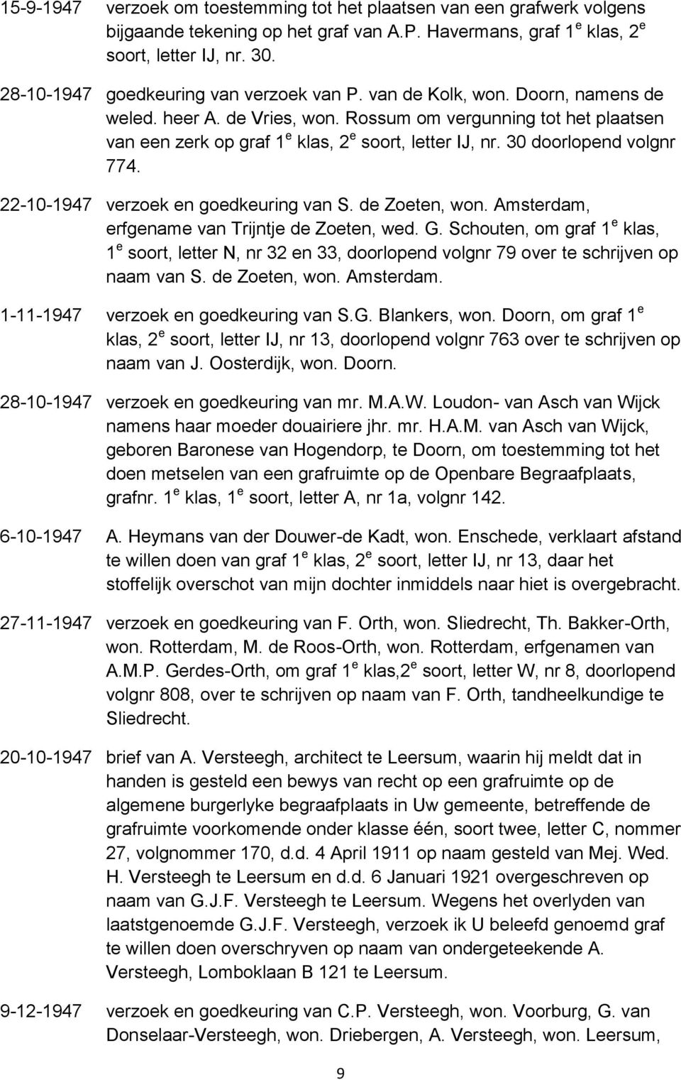 Rossum om vergunning tot het plaatsen van een zerk op graf 1 e klas, 2 e soort, letter IJ, nr. 30 doorlopend volgnr 774. 22-10-1947 verzoek en goedkeuring van S. de Zoeten, won.