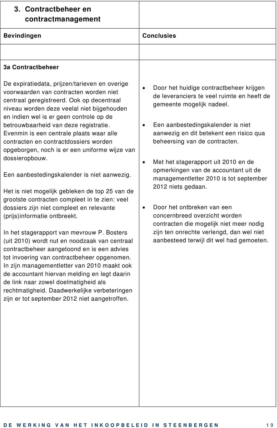 Evenmin is een centrale plaats waar alle contracten en contractdossiers worden opgeborgen, noch is er een uniforme wijze van dossieropbouw. Een aanbestedingskalender is niet aanwezig.