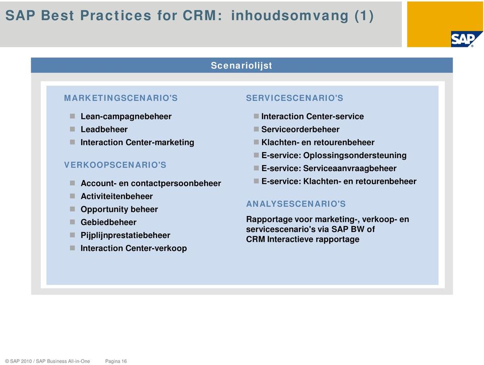 Interaction Center-service Serviceorderbeheer Klachten- en retourenbeheer E-service: Oplossingsondersteuning E-service: Serviceaanvraagbeheer E-service: Klachten-