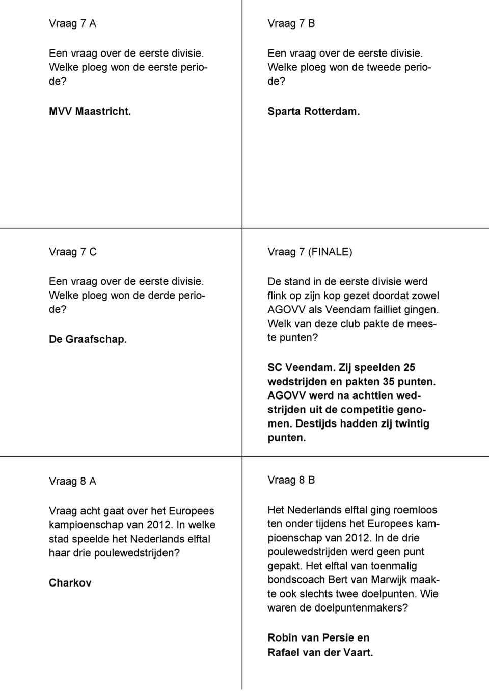 Vraag 7 (FINALE) De stand in de eerste divisie werd flink op zijn kop gezet doordat zowel AGOVV als Veendam failliet gingen. Welk van deze club pakte de meeste punten? SC Veendam.