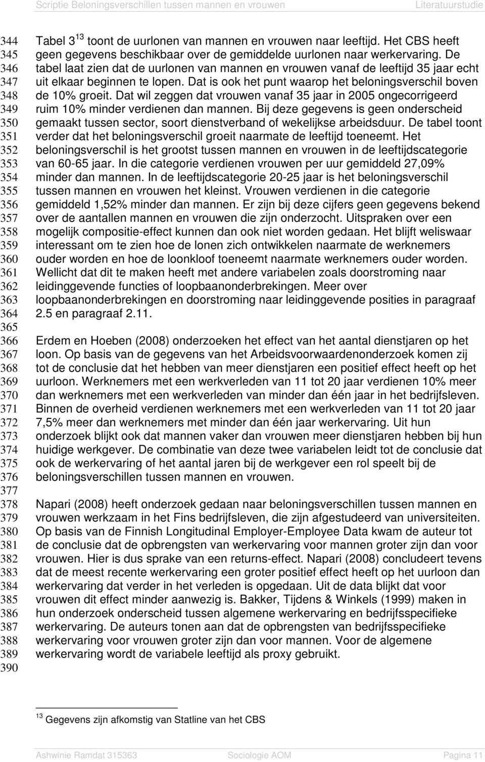 De tabel laat zien dat de uurlonen van mannen en vrouwen vanaf de leeftijd 35 jaar echt uit elkaar beginnen te lopen. Dat is ook het punt waarop het beloningsverschil boven de 10% groeit.