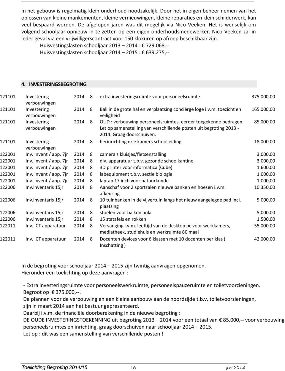 De afgelopen jaren was dit mogelijk via Nico Veeken. Het is wenselijk om volgend schooljaar opnieuw in te zetten op een eigen onderhoudsmedewerker.