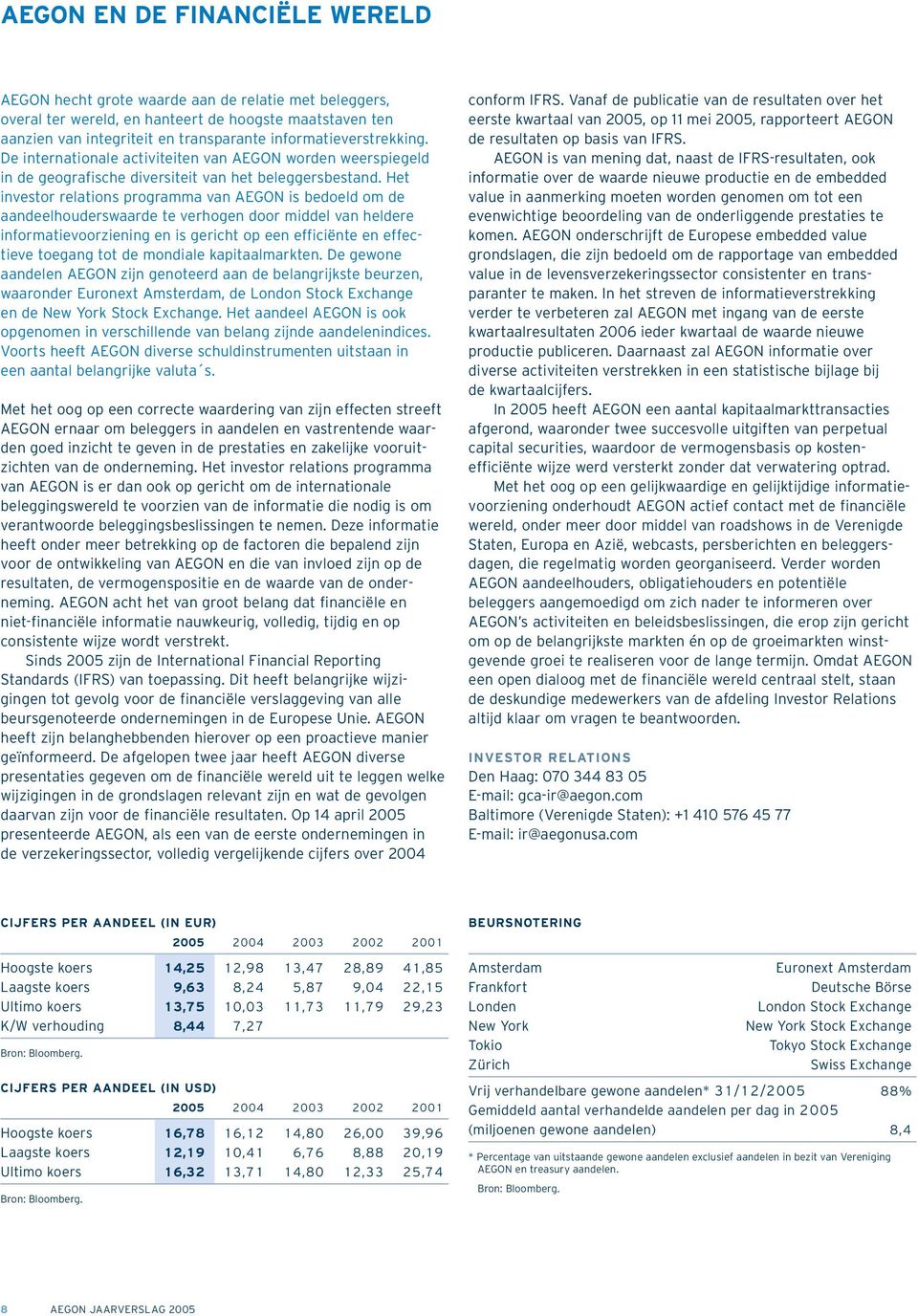 Het investor relations programma van AEGON is bedoeld om de aandeelhouderswaarde te verhogen door middel van heldere informatievoorziening en is gericht op een efficiënte en effectieve toegang tot de