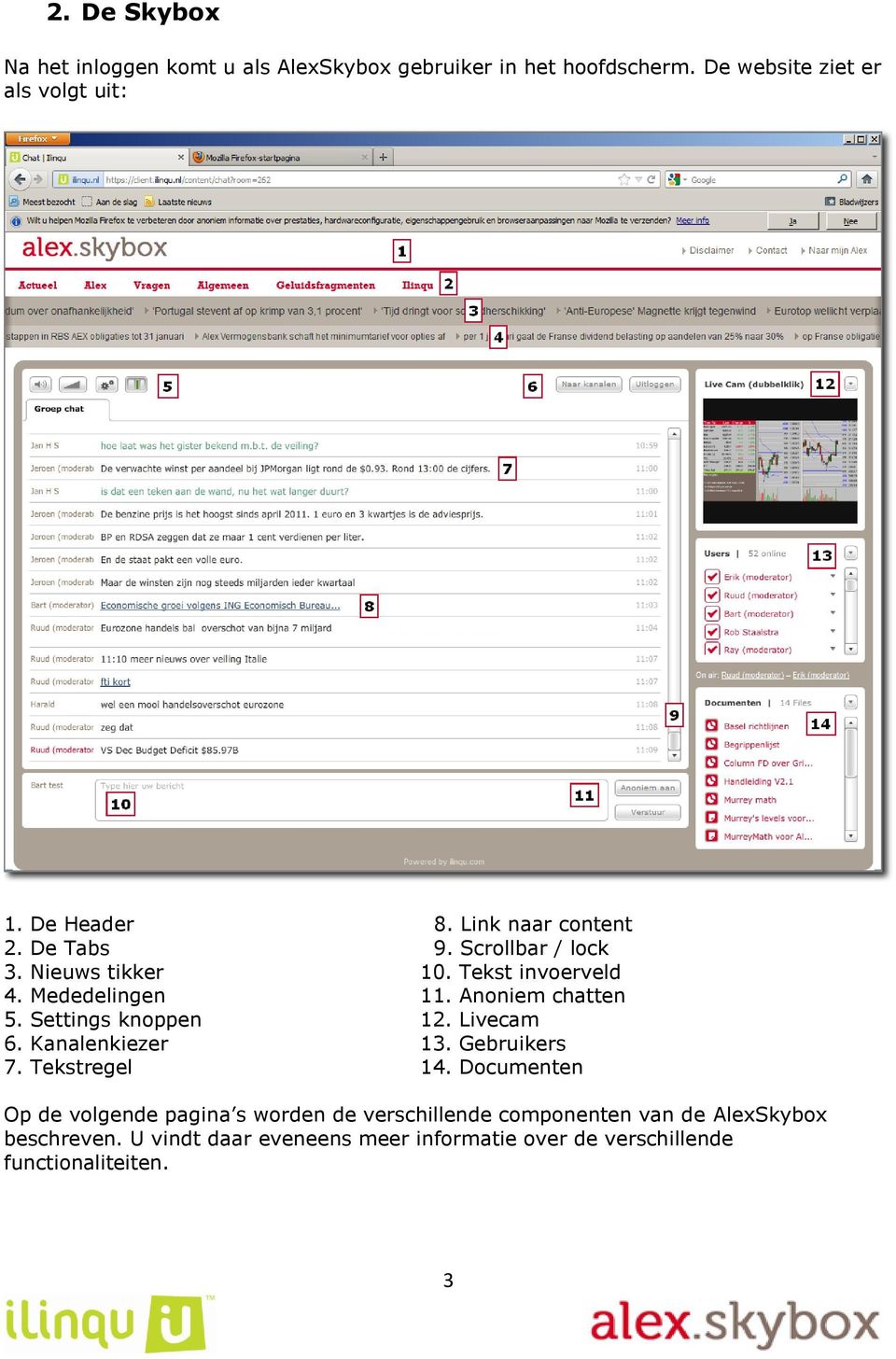 Settings knoppen 12. Livecam 6. Kanalenkiezer 13. Gebruikers 7. Tekstregel 14.