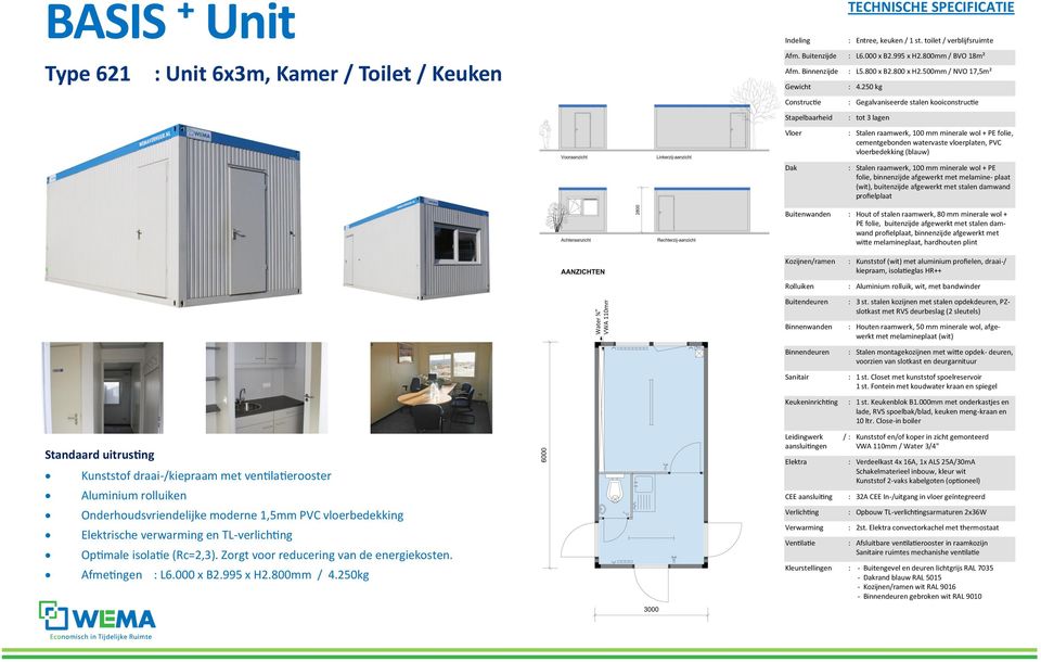 deurgarnituur : 1 st. Closet met kunststof spoelreservoir 1 st. Fontein met koudwater kraan en spiegel : 1 st. Keukenblok B1.