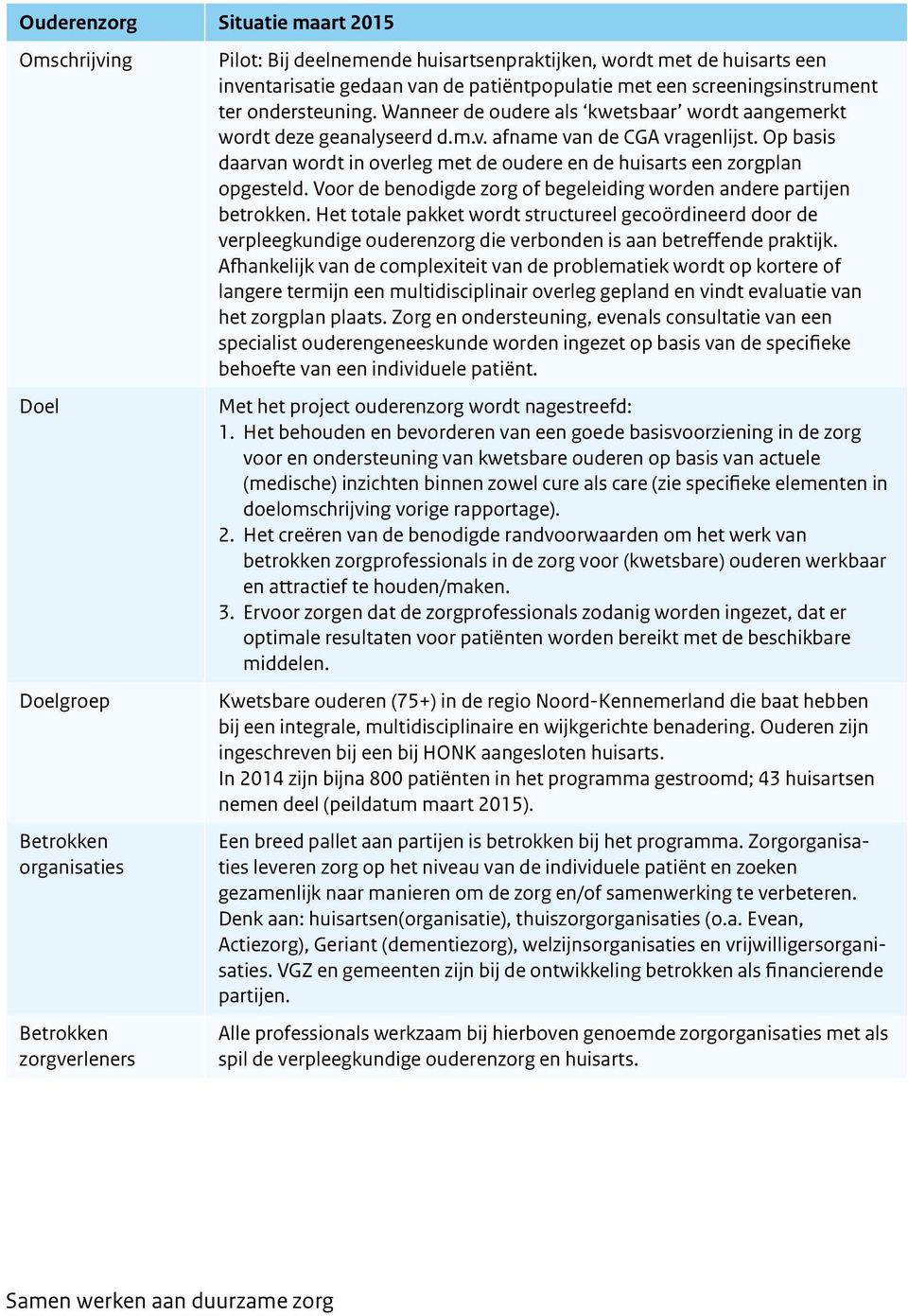 Op basis daarvan wordt in overleg met de oudere en de huisarts een zorgplan opgesteld. Voor de benodigde zorg of begeleiding worden andere partijen betrokken.