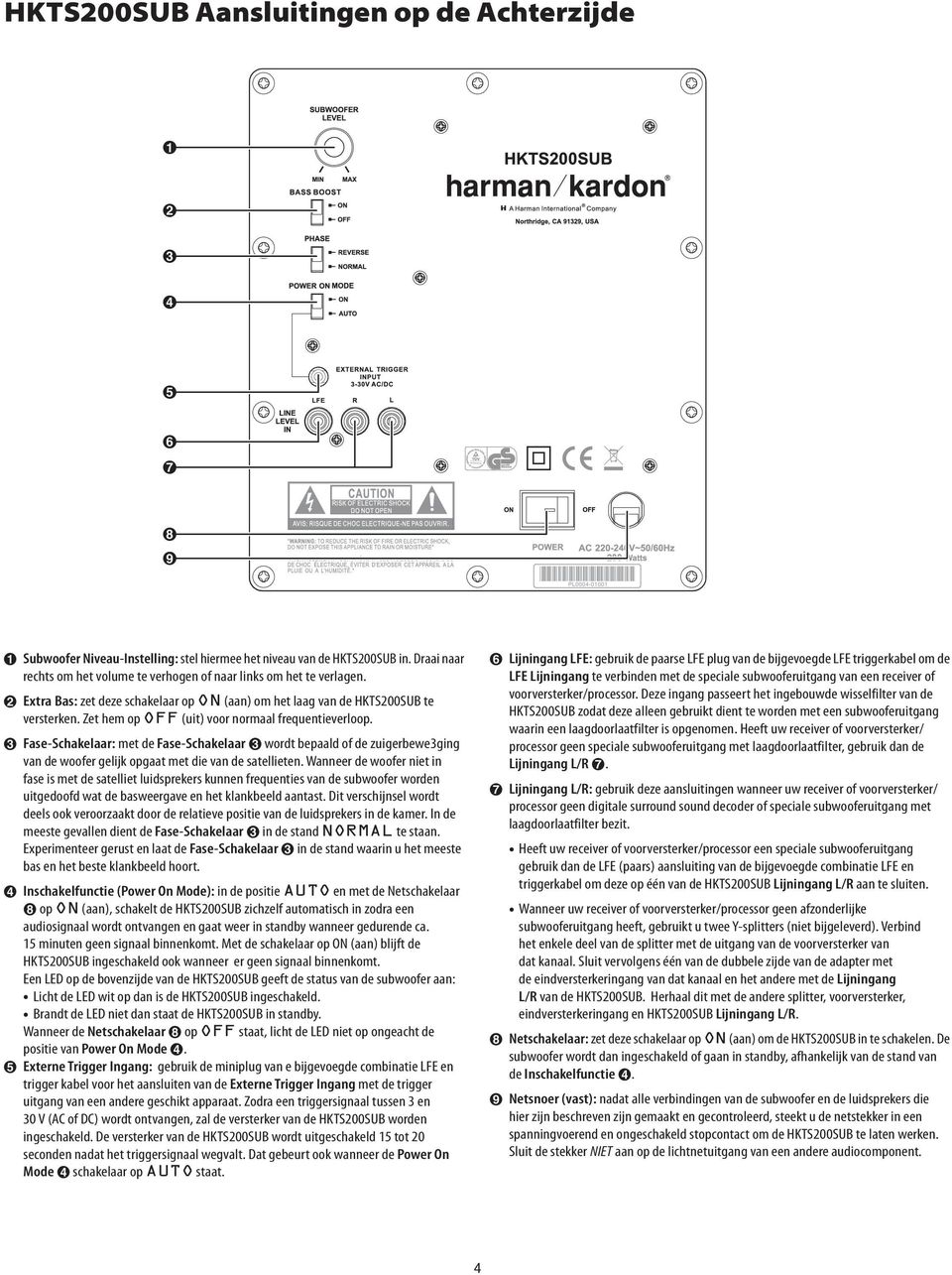 Zet hem op OFF (uit) voor normaal frequentieverloop. 2. Fase-Schakelaar: met de Fase-Schakelaar 2 wordt bepaald of de zuigerbewe3ging van de woofer gelijk opgaat met die van de satellieten.