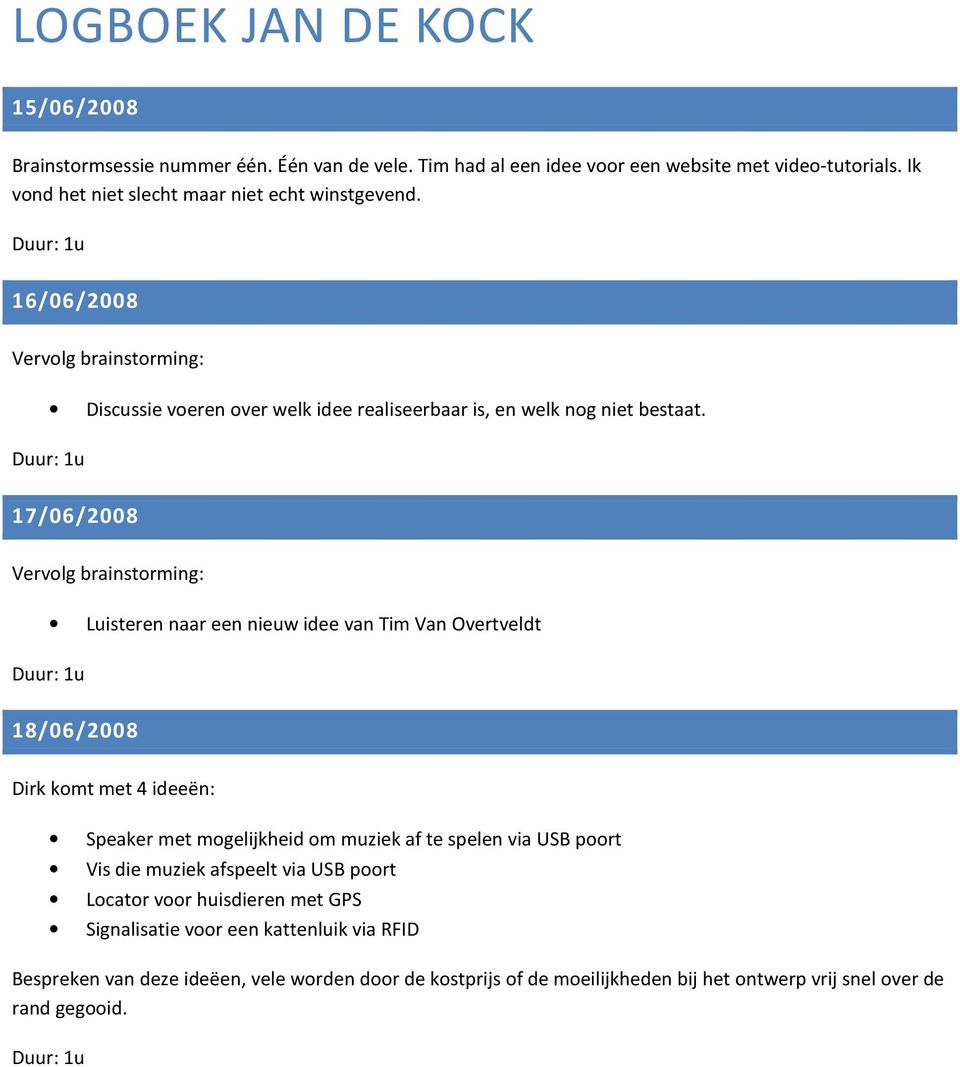 17/06/2008 Vervolg brainstorming: Luisteren naar een nieuw idee van Tim Van Overtveldt 18/06/2008 Dirk komt met 4 ideeën: Speaker met mogelijkheid om muziek af te spelen via USB